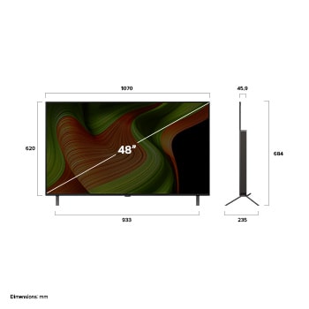 Pohled zep?edu a z boku na LG OLED AI B5 4K Smart TV s rozměry na délku, ?í?ku, vy?ku a hloubku.