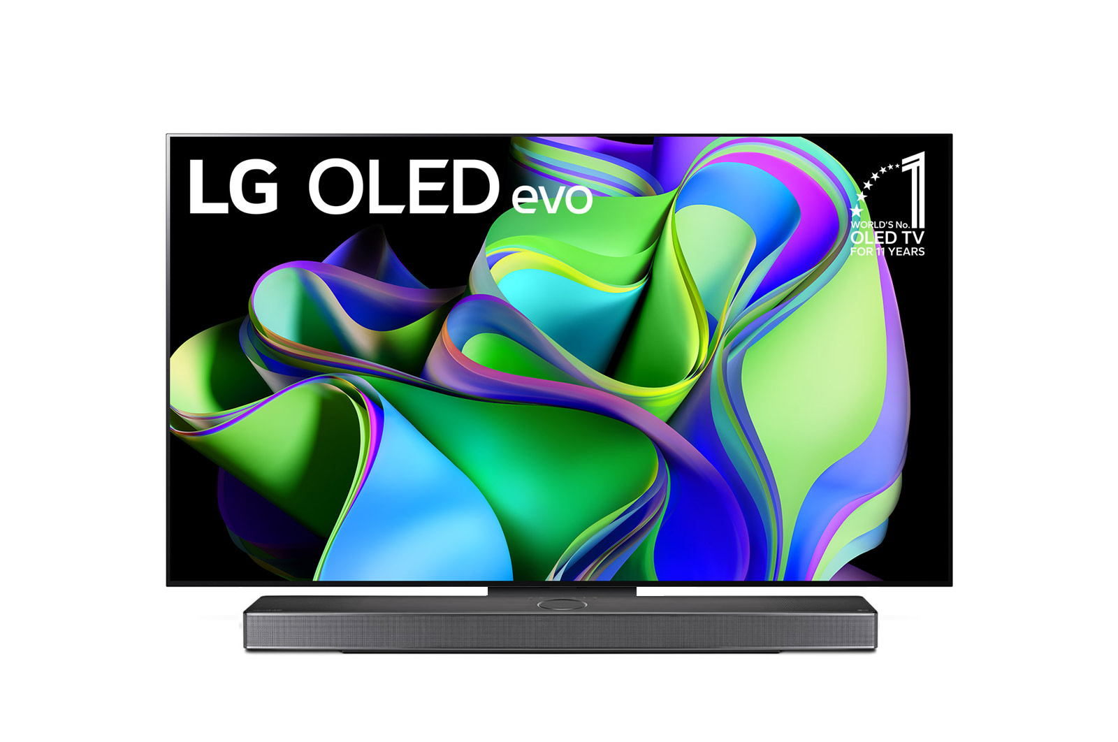 ?elní pohled na LG OLED evo, odzná?ek s?nápisem ?10 let světová jedni?ka mezi OLED televizory“ na obrazovce a?soundbar pod ní. 