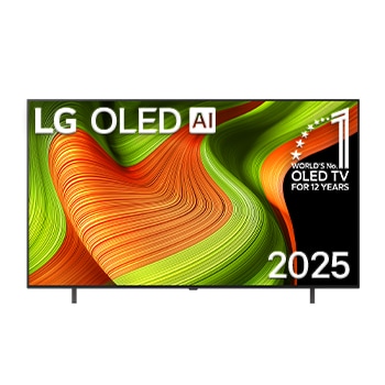 ?elní pohled na LG OLED AI B5 4K Smart TV. Na obrazovce je emblém 12 let světové jedni?ky OLED a logo LG OLED AI 2025.