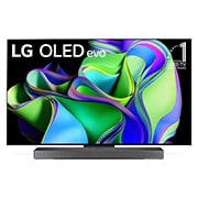 ?elní pohled na LG OLED evo, odzná?ek s?nápisem ?10 let světová jedni?ka mezi OLED televizory“ na obrazovce a?soundbar pod ní. 