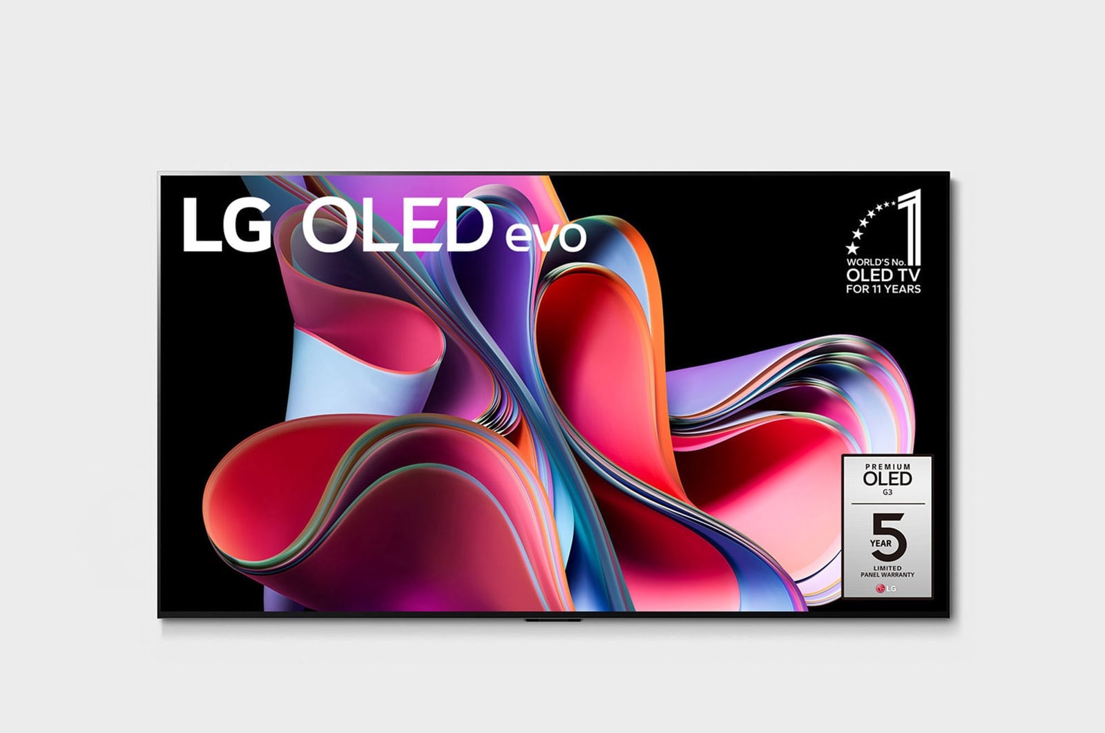 ?elní pohled na LG OLED evo, odzná?ek s?nápisem ?10 let světová jedni?ka mezi OLED televizory“ a?logem pětileté záruky na panel na obrazovce