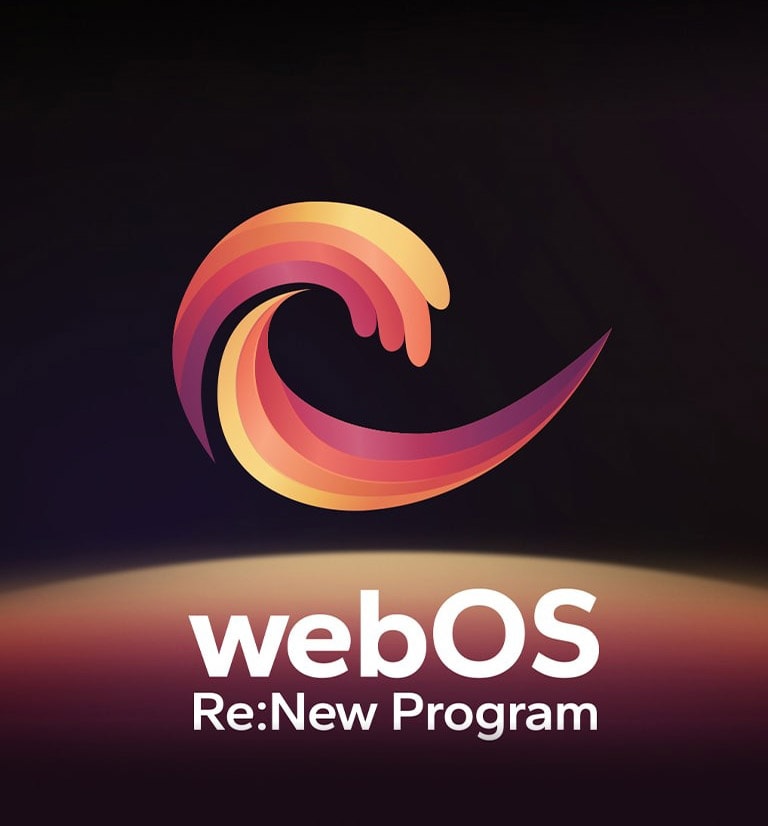Logo webOS Re:New Program je na ?erném pozadí se ?lutou a oran?ovou fialovou kruhovou koulí ve spodní ?ásti.
