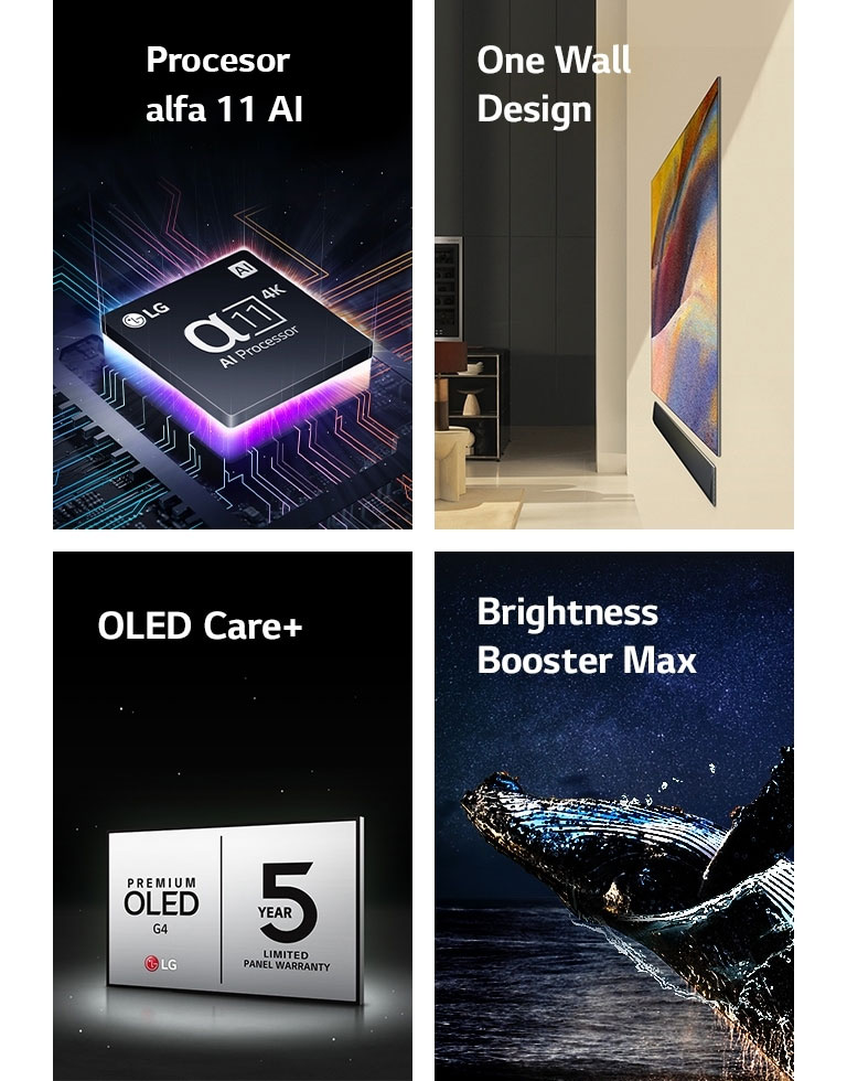 Procesor LG alpha 11 AI 4K na základní desce, ktery vydává fialové a r??ové světelné paprsky.	  One Wall Design za?ízení LG OLED G4 a LG Soundbar namontovanych naplocho ke stěně v moderním obyvacím prostoru.  Logo LG OLED Care+ a 5letá záruka na ?erném pozadí.