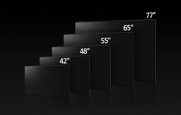 Obrázek s?porovnáním r?znych velikostí úhlop?í?ek televizor? LG OLED C3, konkrétně 42", 48", 55", 65" a?77".