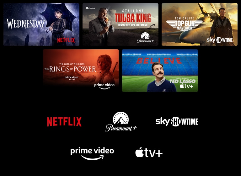 z Paramount+, Top Gun: Maverick ze SkyShowtime, The Rings of Power z Prime Video, Ted Lasso z Apple TV Plus a staticky snímek od LG Channels s leopardem ve volné p?írodě.
