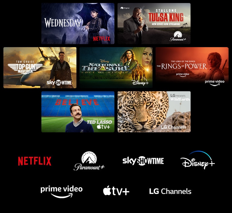 Plakát Wednesday od Netflixu, Tulsa King od Paramount+, Top Gun: Maverick od SkyShowtime, National Treasure od Disney+, The Rings of Power od Prime Video, Ted Lasso od Apple TV Plus a fotka od LG Channels s leopardem v divo?ině.
