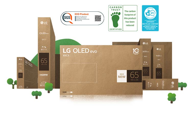 Ekologické kartonové obaly televizoru LG OLED vyobrazené kolem prosperujících strom? a?hor.
