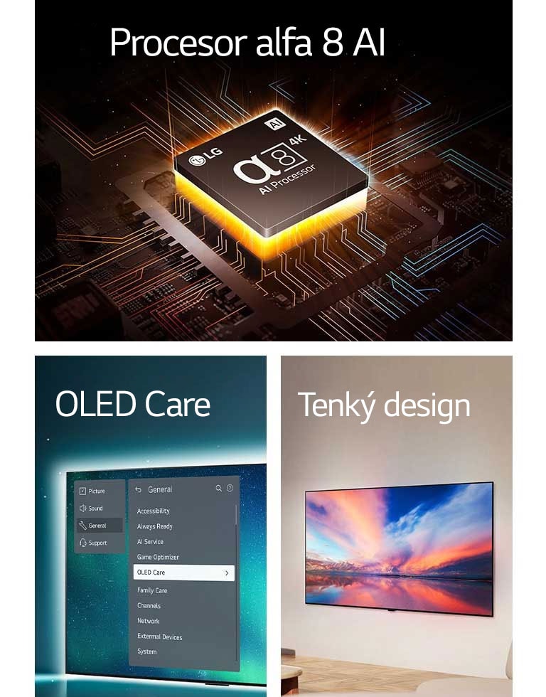 Procesor zna?ky LG alpha 8 AI na základní desce vydávající oran?ové světelné paprsky.  V nabídce podpory naho?e na obrazovce je vybrán televizor OLED TV s nabídkou OLED Care.  Tenky design v bo?ním pohledu, jak je umístěn naplocho u stěny v moderním obytném prostoru.