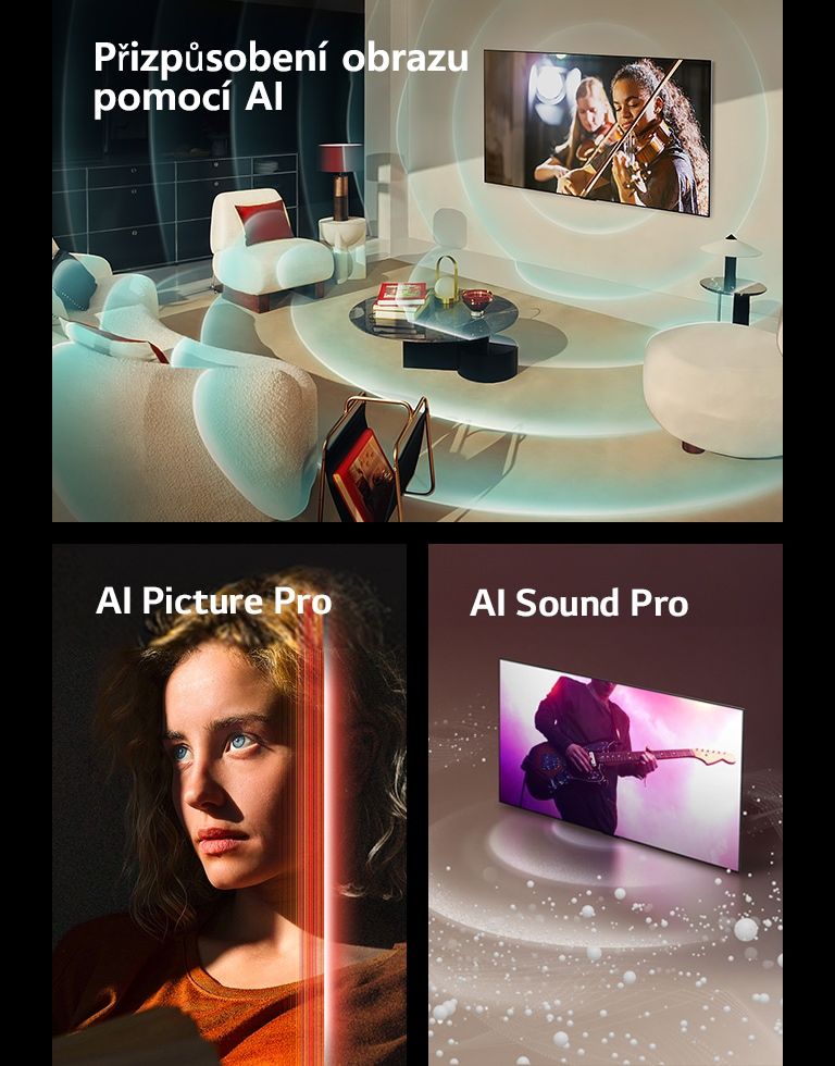 LG OLED v moderním obytném prostoru p?ehrává na obrazovce hudební p?edstavení. Kolem televizoru a prostoru jsou modré kruhové vlny p?edstavující personalizaci.  ?ena s pronikavě modryma o?ima a tmavě oran?ovym topem v temném prostoru. ?ást jejího obli?eje, ktery je jasny a detailní, p?ekryvají ?ervené ?áry znázorňující vylep?ení umělé inteligence (AI), zatímco zbytek snímku p?sobí matně.   Z obrazovky LG OLED TV vycházejí zvukové bubliny a vlny vyplňující prostor.