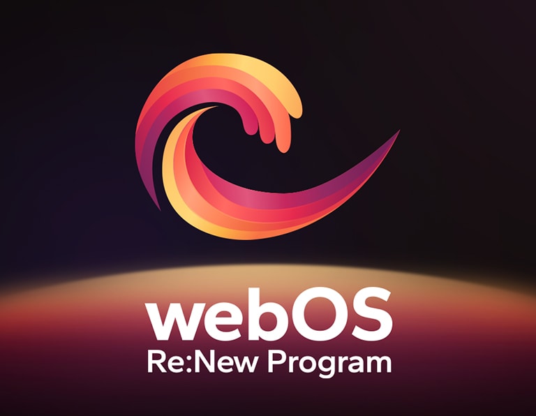 Logo webOS Re:New Program je na ?erném pozadí se ?lutou a?oran?ovou fialovou kruhovou koulí ve spodní ?ásti.