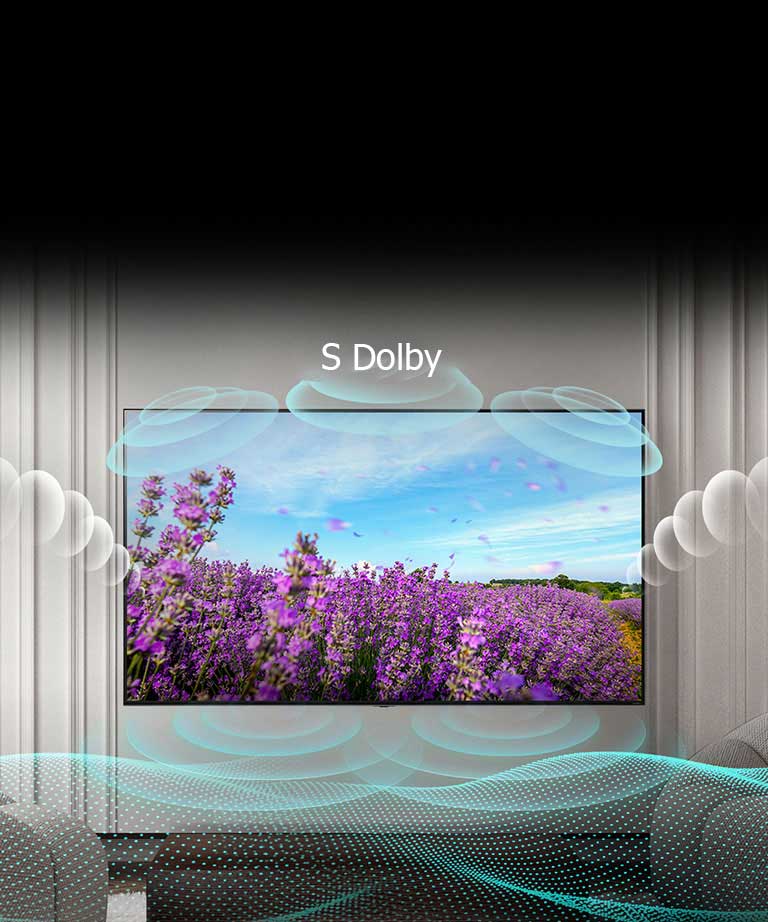 Na obrazovce televizoru QNED vidíme r??ové květy na louce s textem Bez Dolby uprost?ed. Obrázek na obrazovce se rozzá?í a text se změní na s Dolby.