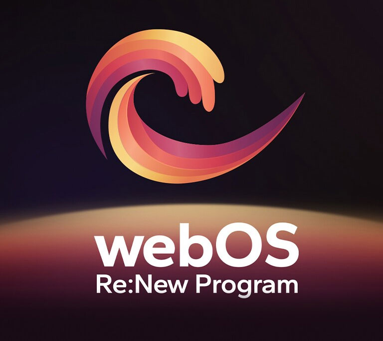 Logo webOS Re:New Program je na ?erném pozadí se ?lutou a oran?ovou fialovou kruhovou koulí ve spodní ?ásti.