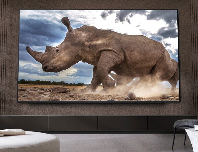 Na velkoplo?né LG Ultra Big TV upevněné na hnědé stěně obyvacího pokoje obklopené modulárním nábytkem krémové barvy je vidět nosoro?ec v prost?edí safari.