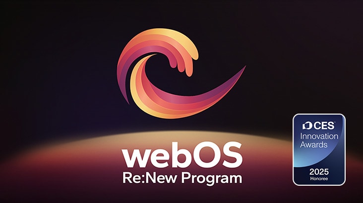 Propaga?ní grafika programu webOS Re:New s?barevnym logem a odznakem CES 2025 Innovation Award. Text upozorňuje na ka?doro?ní aktualizace po dobu 5?let a vylep?ené zabezpe?ení díky systému webOS.
