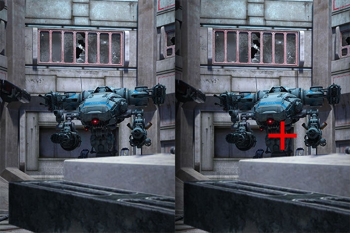 Srovnání funkce zamě?ova?e Crosshair – na levém obrázku je zamě?ova? Crosshair ?vypnuty“ a?na pravém obrázku je zamě?ova? Crosshair ?zapnuty“