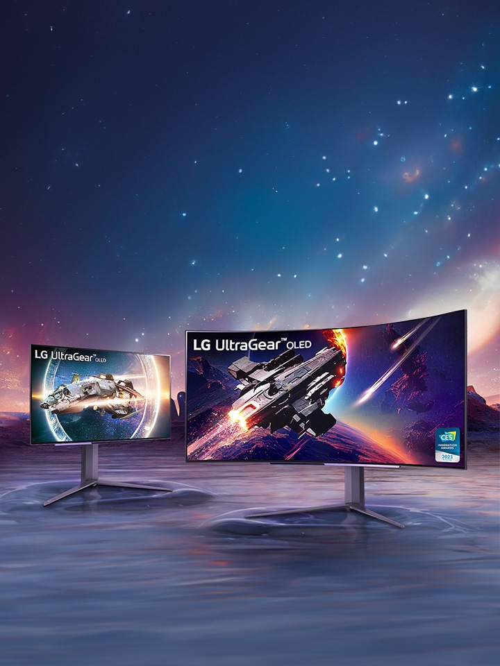 Monitor UltraGear je umístěn na stole u?okna, v?něm? je vidět západ slunce, a?zobrazuje herní obrazovku.	