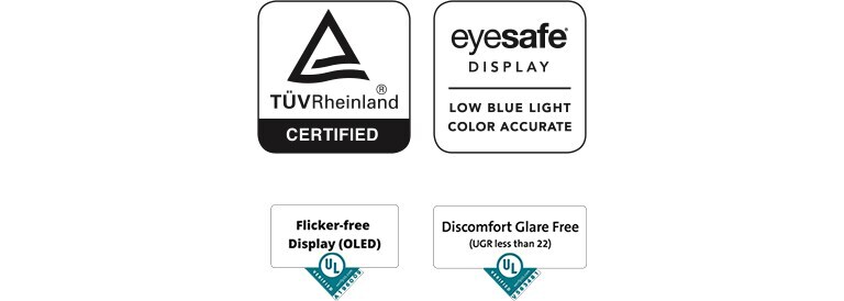 Logo bezpe?ného displeje pro o?i dle certifikace TüV Rheinland, logo displeje s redukcí blikání, logo displeje bez ru?ivych odlesk?