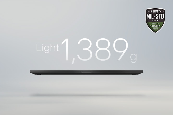 Eine Animation, die einen leichten Laptop zeigt, mit ?1.389?g“ im ersten Bild und ?16,0?mm“ Dicke im zweiten Bild. Beide Rahmen sind mit dem Langlebigkeitsabzeichen MIL-STD versehen, das die Tragbarkeit und Langlebigkeit unterstreicht.