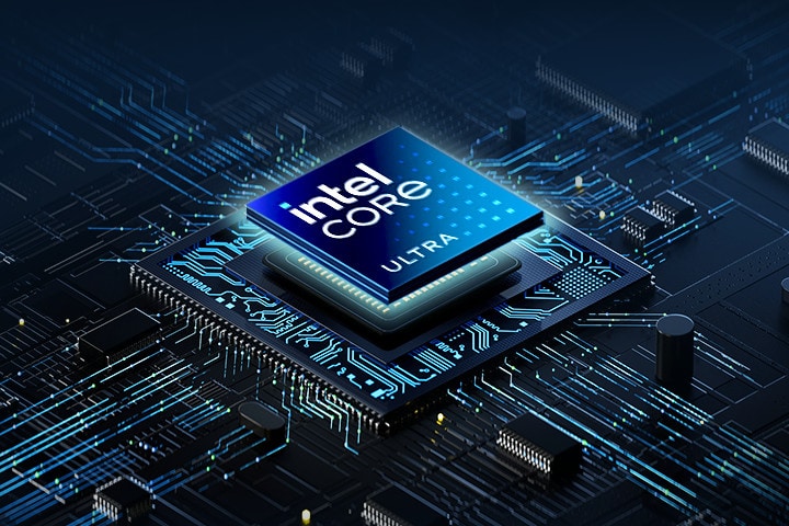 Ein Laptop mit einer KI-Chip-Grafik auf dem Bildschirm, umgeben von einem futuristischen Platinendesign, das die fortschrittlichen Verarbeitungsf?higkeiten unterstreicht. Das Intel Core Ultra-Logo wird in der unteren linken Ecke deutlich angezeigt und unterstreicht die herausragende Leistung.