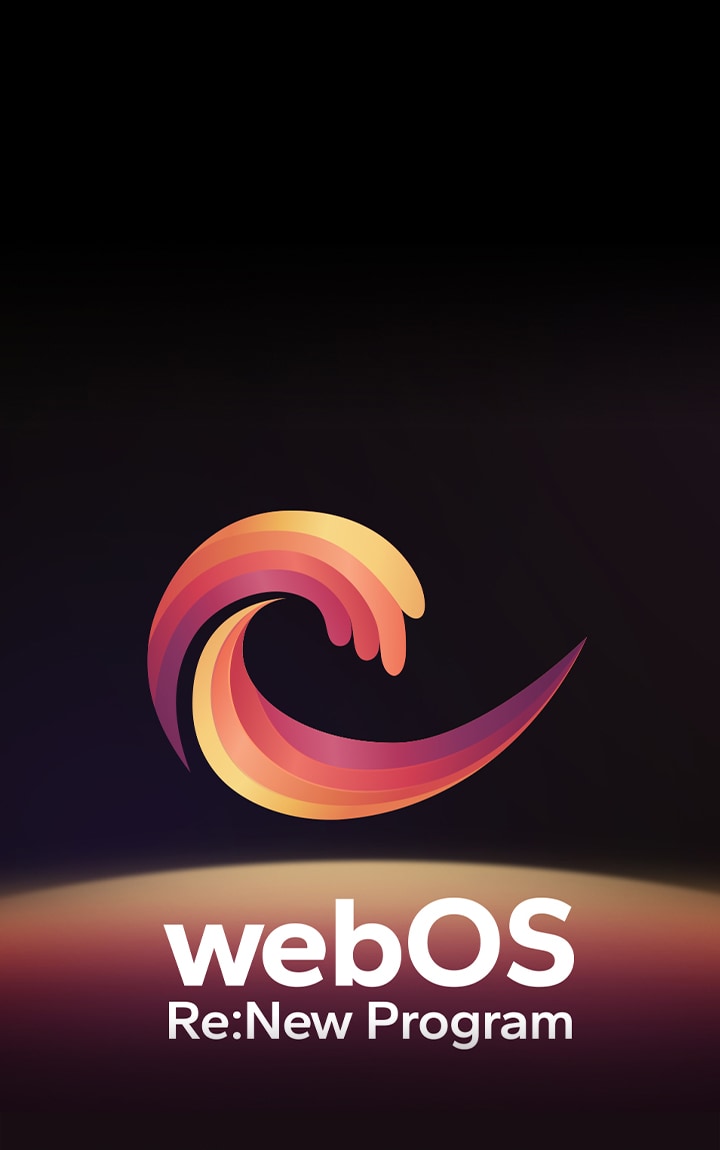Das webOS-Logo schwebt in der Mitte vor einem schwarzen Hintergrund. Der Raum darunter ist mit den Logofarben Rot, Orange und Gelb beleuchtet. Die Worte ?webOS Re:New Program“ sind unterhalb des Logos zu sehen.