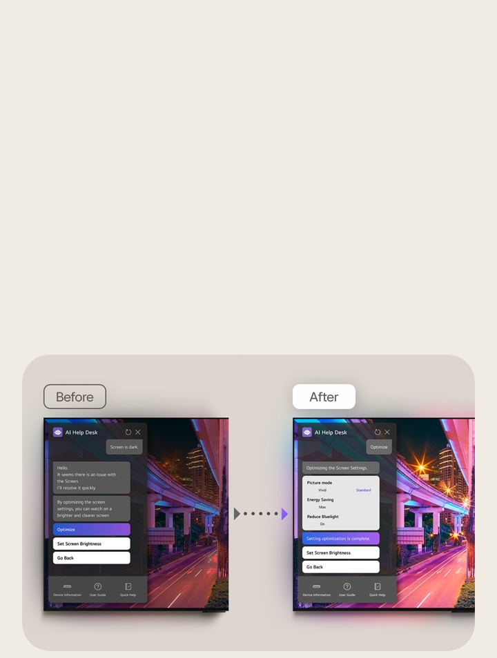 Vorher- und Nachher-Bilder eines LG TVs werden nebeneinander angezeigt. Das Vorher-Bild zeigt ein dunkles Bild mit einem Popup für den KI-Helpdesk. Der Benutzer schreibt in den Chat: ?Bildschirm ist dunkel“. Die Antwort lautet: ?Hallo, es scheint ein Problem mit dem Bildschirm zu geben. Ich werde das Problem schnell l?sen. Durch die Optimierung der Bildschirmeinstellungen k?nnen Sie auf einem helleren und klareren Bildschirm sehen.“ Der Benutzer klickt auf die Schaltfl?che Optimieren. Das Nachher-Bild ist heller und klarer. Das Popup-Fenster des KI-Helpdesks sagt: ?Bildschirmeinstellungen werden optimiert. Bildmodus = Lebendig. Energieeinsparung = maximal. Blaues Licht reduzieren = an. Die Optimierung der Einstellungen ist abgeschlossen.“