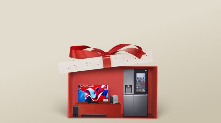 Bild eines roten Geschenkkartons mit LG Produkten wie Fernseher, Kühlschrank, Soundbar und Kopfh?rern.