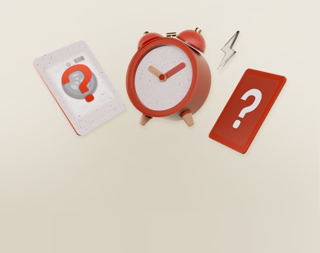 Zwei Karten mit einem ??“ über der Silhouette eines Produkts und einem Bild einer Uhr.