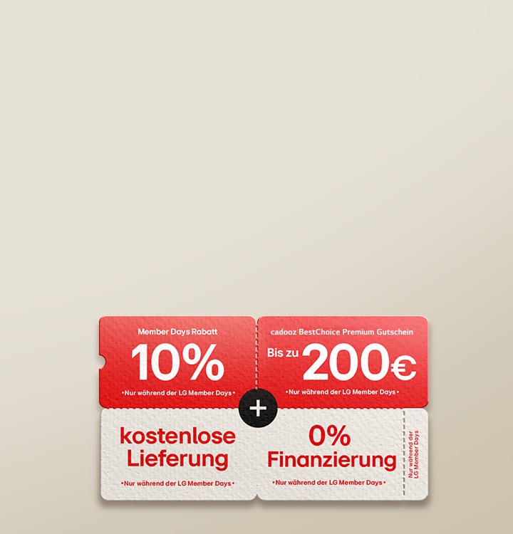 Werbebild zu den LG Member Days mit vier Vorteilen: 10?% Rabatt, bis zu 200?€ Cadooz Gutschein, kostenlose Lieferung und 0?% Finanzierung bis zu 48 Monate.