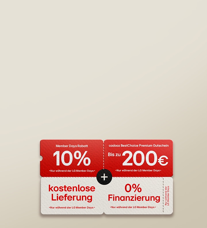 Werbebild zu den LG Member Days mit vier Vorteilen: 10?% Rabatt, bis zu 200?€ Cadooz Gutschein, kostenlose Lieferung und 0?% Finanzierung bis zu 48 Monate.