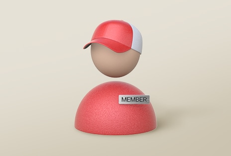 Symbol einer Person mit roter Kappe und ?LG MEMBER“-Plakette, steht für exklusive Events.