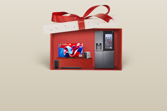 Bild eines Geschenkpakets mit LG Produkten: Fernseher, Kühlschrank, Soundbar und Lautsprecher – symbolisiert Angebote zu den LG Member Days.