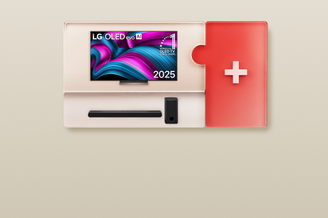 Ein Bild von einem Fernseher und einer Soundbar, die wie ein Puzzle zusammengesetzt sind.