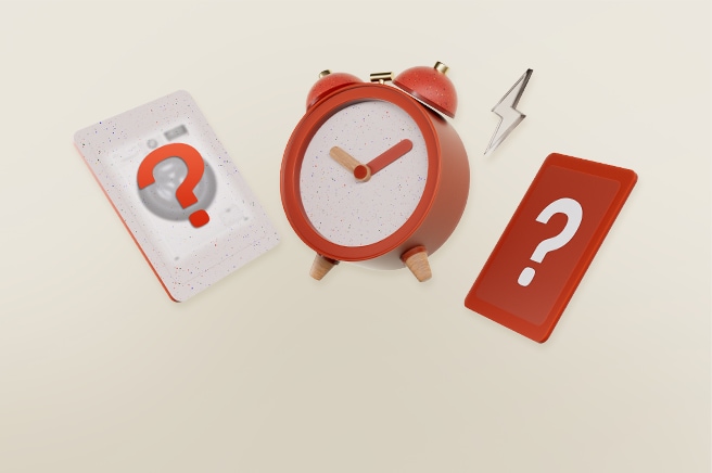 Zwei Karten mit einem ??“ über der Silhouette eines Produkts und einem Bild einer Uhr.