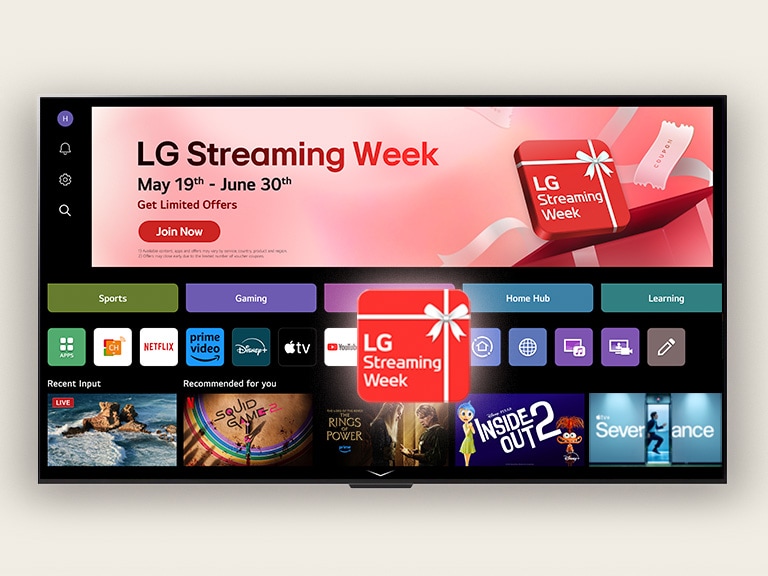 Der LG WebOS-Startbildschirm mit einem roten Kasten mit der Aufschrift ?LG Streaming Week“