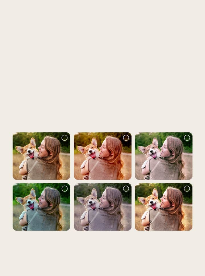 Bildschirm eines Benutzers, der den Personalisierungsprozess des AI Picture Wizard durchl?uft. Es wird eine Reihe von Bildern angezeigt, wobei die Auswahl des Benutzers hervorgehoben wird. Ein Ladesymbol erscheint und ein Querformatbild wird von links nach rechts verbessert. 