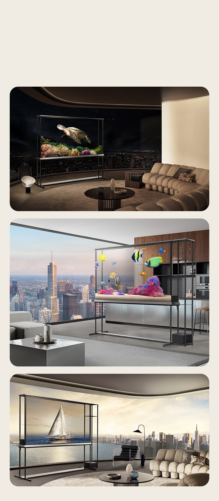 LG SIGNATURE OLED T in drei verschiedenen Wohnzimmern. In jedem dieser sch?nen R?ume befindet sich der LG Signature OLED T im transparenten Modus, die Bilder auf dem Fernseher scheinen in der Luft zu schweben und verleihen dem Raum einen Hauch von Eleganz.