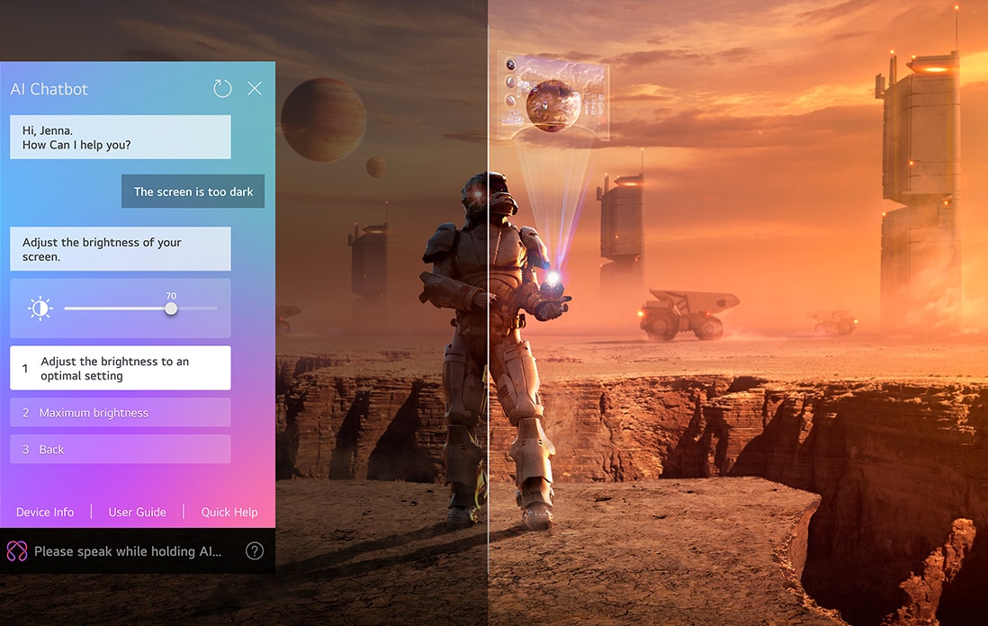 Auf einem LG QNED TV-Bildschirm werden Science-Fiction-Inhalte abgespielt. Auf dem Bildschirm befindet sich die Benutzeroberfl?che des AI Chatbots. Der Benutzer hat dem Chatbot mitgeteilt, dass der Bildschirm zu dunkel ist. Der Chatbot bot L?sungen für die Anfrage an. Die gesamte Szene ist in zwei H?lften geteilt. Die eine Seite ist dunkler, die andere Seite heller und zeigt, wie der AI Chatbot das Problem für den Nutzer automatisch gel?st hat.