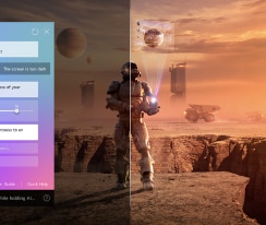 Auf einem LG QNED TV-Bildschirm werden Science-Fiction-Inhalte abgespielt. Auf dem Bildschirm befindet sich die Benutzeroberfl?che des AI Chatbots. Der Benutzer hat dem Chatbot mitgeteilt, dass der Bildschirm zu dunkel ist. Der Chatbot bot L?sungen für die Anfrage an. Die gesamte Szene ist in zwei H?lften geteilt. Die eine Seite ist dunkler, die andere Seite heller und zeigt, wie der AI Chatbot das Problem für den Nutzer automatisch gel?st hat.