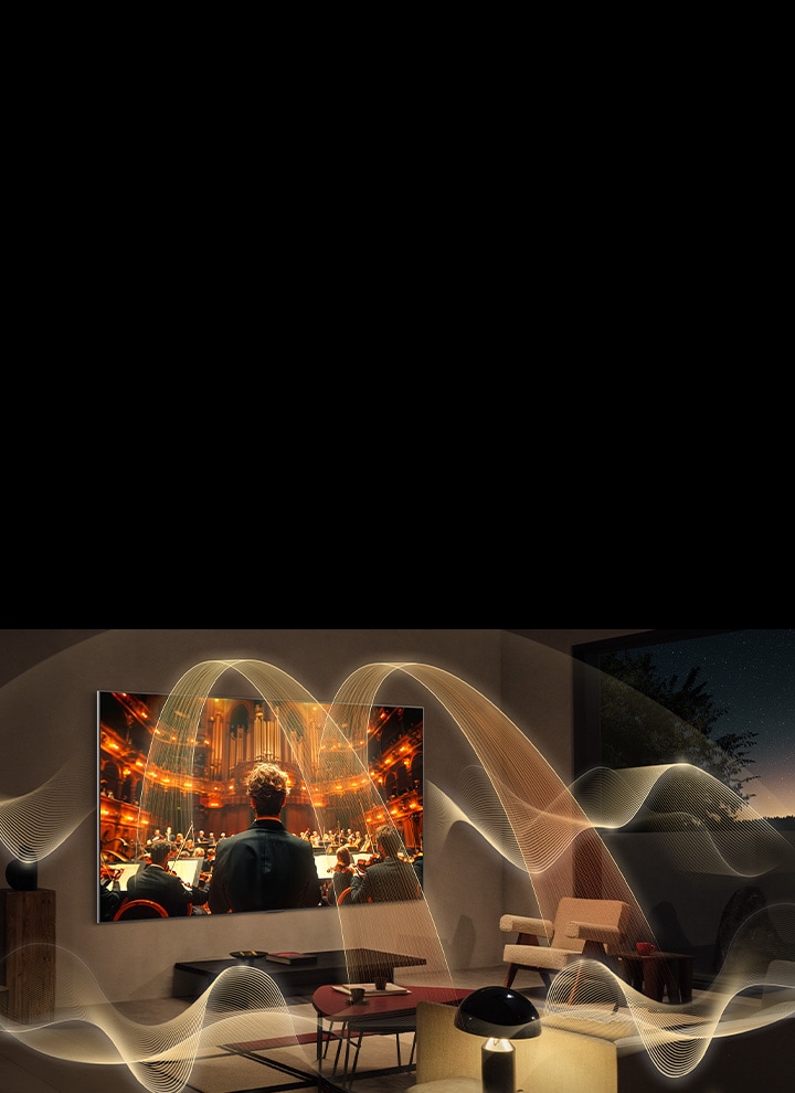 Wohnzimmer mit LG TV. Grafische Darstellungen von Klangwellen füllen den gesamten Raum aus und zeigen den satten Surround-Sound von virtuellen 11.1.2-Kan?len. 