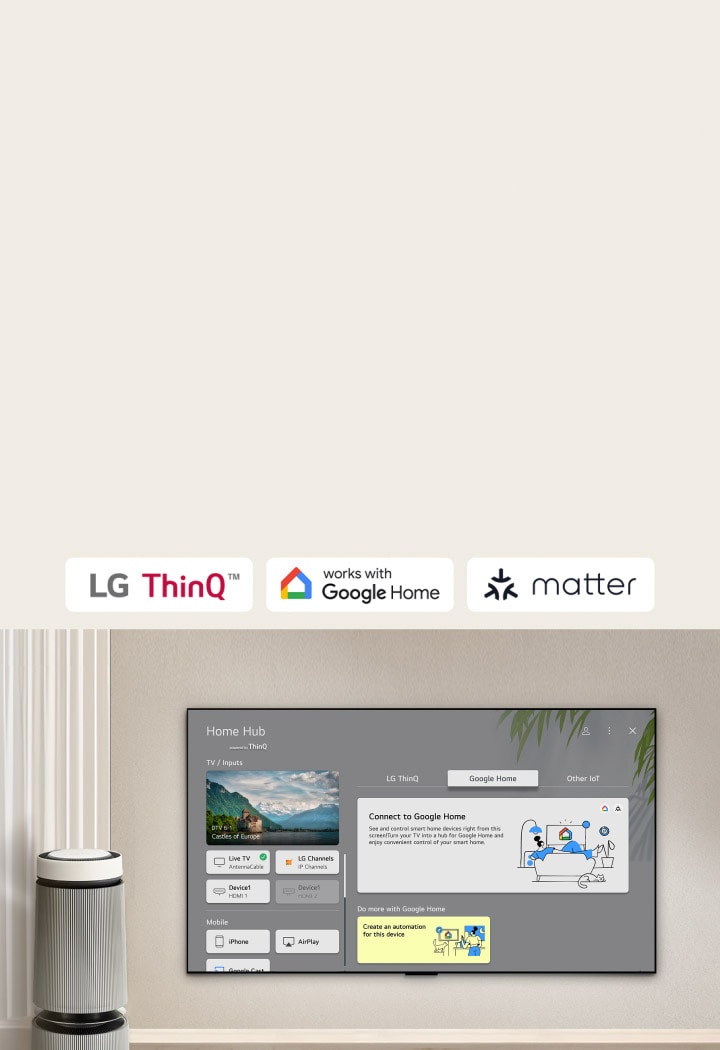 LG TV mit Home Hub auf dem Bildschirm. Die Benutzeroberfl?che mit Google Home, ThinQ und anderen IoT-Ger?ten zeigt wie sich alle deine Smart-Ger?te ganz einfach über das Fernsehger?t verwalten lassen.
