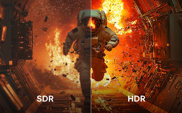 In eine in zwei H?lften aufgeteilte Szene mit einem Astronauten, der vor einer Explosion wegl?uft. Auf der einen, mit ?SDR“ beschrifteten Seite sind die Farben und der Kontrast stumpf. Auf der anderen, mit ?HDR“ beschrifteten Seite ist das Bild scharf und lebendig.