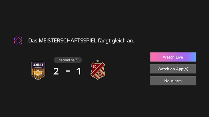 Sportnachricht wird angezeigt. Die Nachricht erinnert daran, dass gleich das Meisterschaftsspiel beginnt. Ebenfalls zu sehen sind CTA-Schaltfl?chen: live ansehen, auf der App ansehen, keine Meldung.