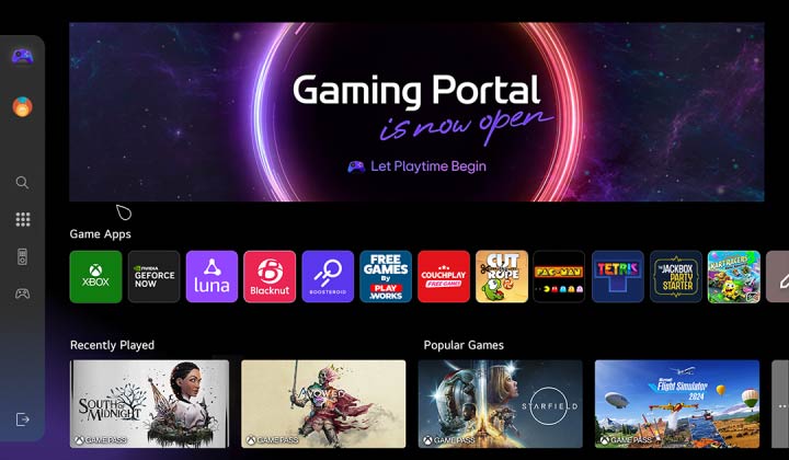 Startbildschirm vom Gaming Portal. über den Cursor lassen sich verschiedene beliebte Spieletitel ausw?hlen. Au?erdem k?nnen Games nach der Art des verfügbaren Controllers?– Gamepad oder Fernbedienung?– gefiltert werden.