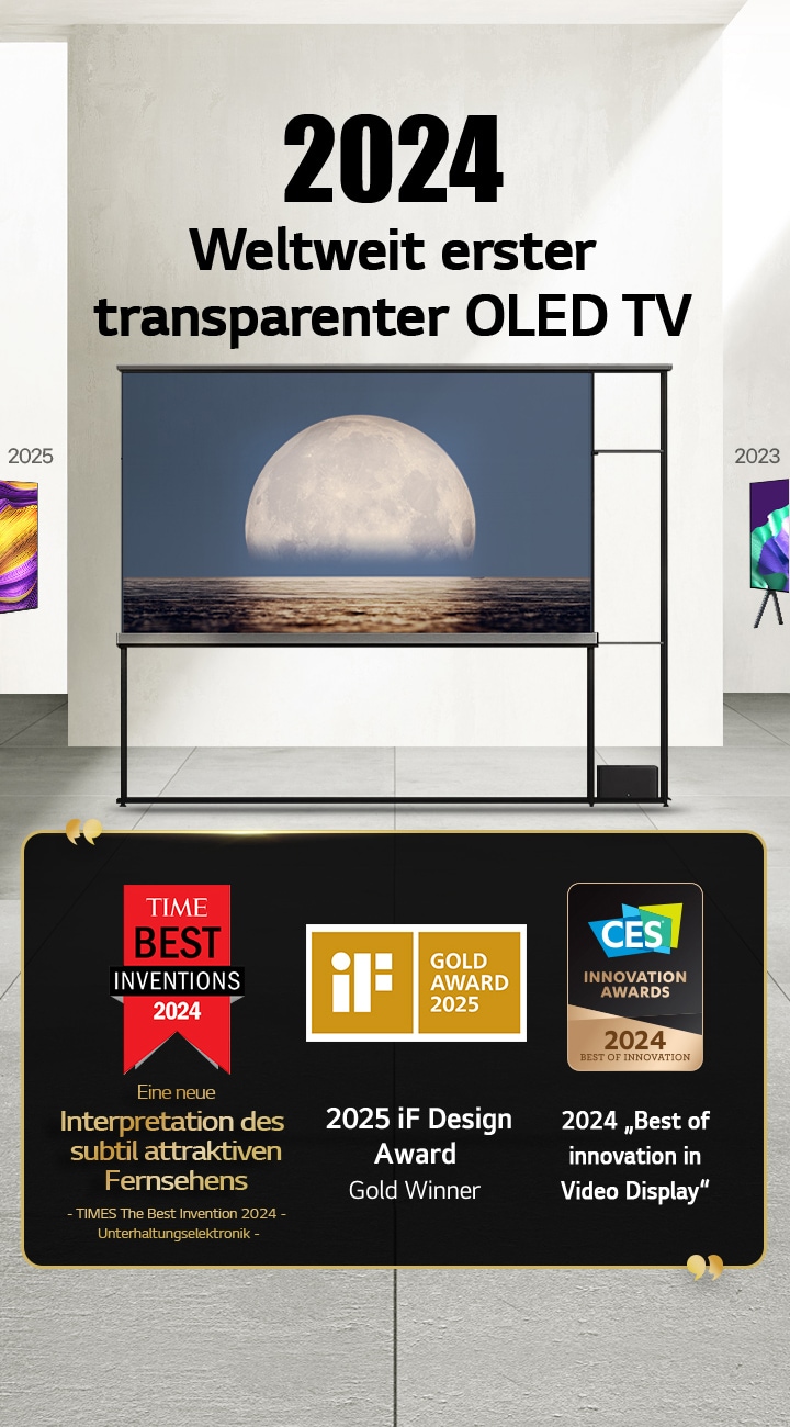 LG TV. Der Titel lautet ?2024 Weltweit erster transparenter OLED TV“. Auszeichnungen befinden sich neben dem LG Signature OLED T TV. Time Best Inventions 2024: Eine neue Interpretation des subtil attraktiven Fernsehers. 2025 Gold-Gewinner des iF Design Award. 2024 ?Best of Innovation in Video Displays“ von CES Innovation Awards.
