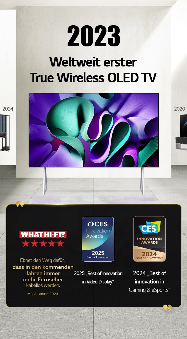 LG TV. Der Titel lautet ?2023 Weltweit erster True Wireless OLED TV“. Auszeichnungen befinden sich daneben. What Hi-Fi: Ebnet den Weg dafür, dass in den kommenden Jahren immer mehr Fernseher kabellos werden. 2025 ?Best of Innovation in Video Displays“ und 2024 ?Best of Innovation in Gaming & eSports“ von den CES Innovation Awards. 