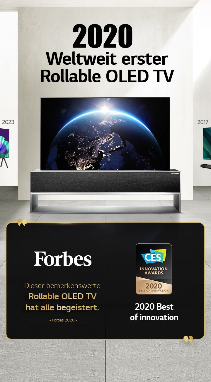 LG TV. Der Titel lautet ?2020 Weltweit erster Rollable OLED TV“. Auszeichnungen befinden sich daneben. Forbes: Dieser bemerkenswerte Rollable OLED TV hat alle begeistert. 2020 Auszeichnung ?Best of Innovation“ von CES Innovation Awards.
