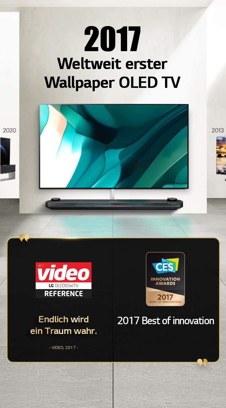 LG TV. Der Titel lautet ?2017 Weltweit erster OLED TV im Wallpaper Design“. Auszeichnungen befinden sich daneben. Video: Endlich wird ein Traum wahr. 2017 Auszeichnung ?Best of Innovation“ von CES Innovation Awards.