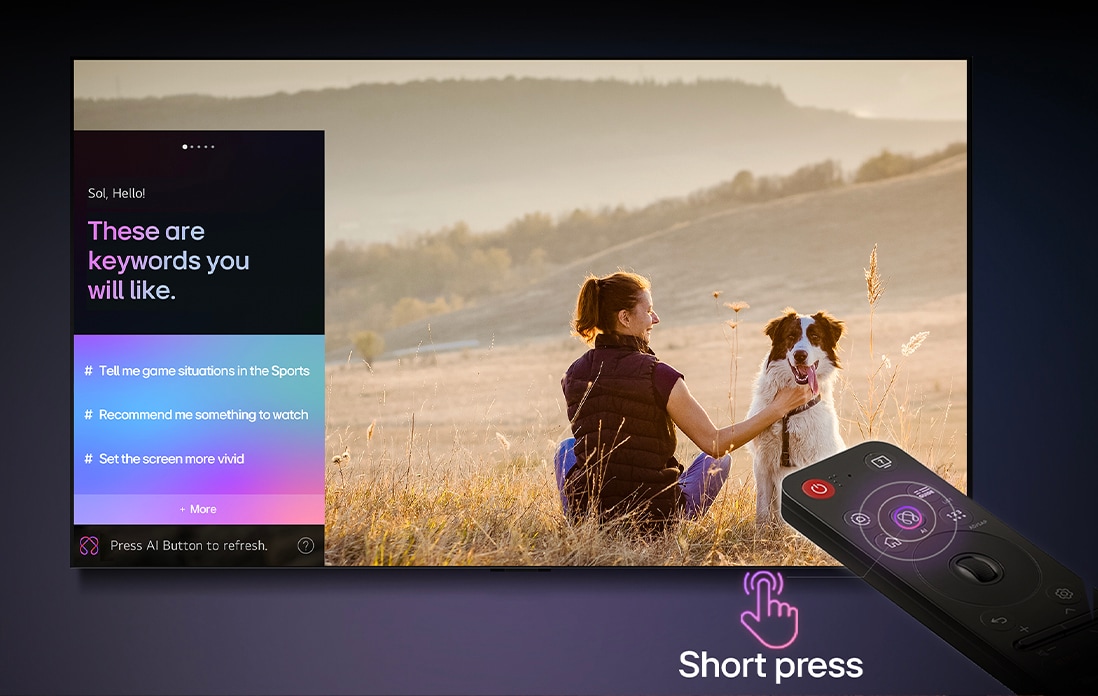 LG AI Magic Remote vor einem LG TV-Bildschirm. Auf dem Bildschirm erscheint eine personalisierte Begrü?ung durch die LG AI mit benutzerdefinierten Schlüsselw?rtern, die auf dem Such- und Sehverlauf des Benutzers basieren. An der Fernbedienung befinden sich ein Symbol und ein Hinweis darauf, dass die AI Concierge-Funktion mit einem kurzen Druck auf den AI Button leicht zug?nglich ist. 