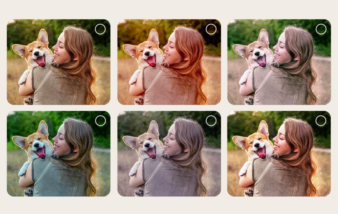 Bildschirm eines Benutzers, der den Personalisierungsprozess des AI Picture Wizard durchl?uft. Es werden Bilderserien angezeigt, in denen die Auswahl des Benutzers hervorgehoben wird. Ein Ladesymbol erscheint und ein Landschaftsbild wird von links nach rechts verbessert.