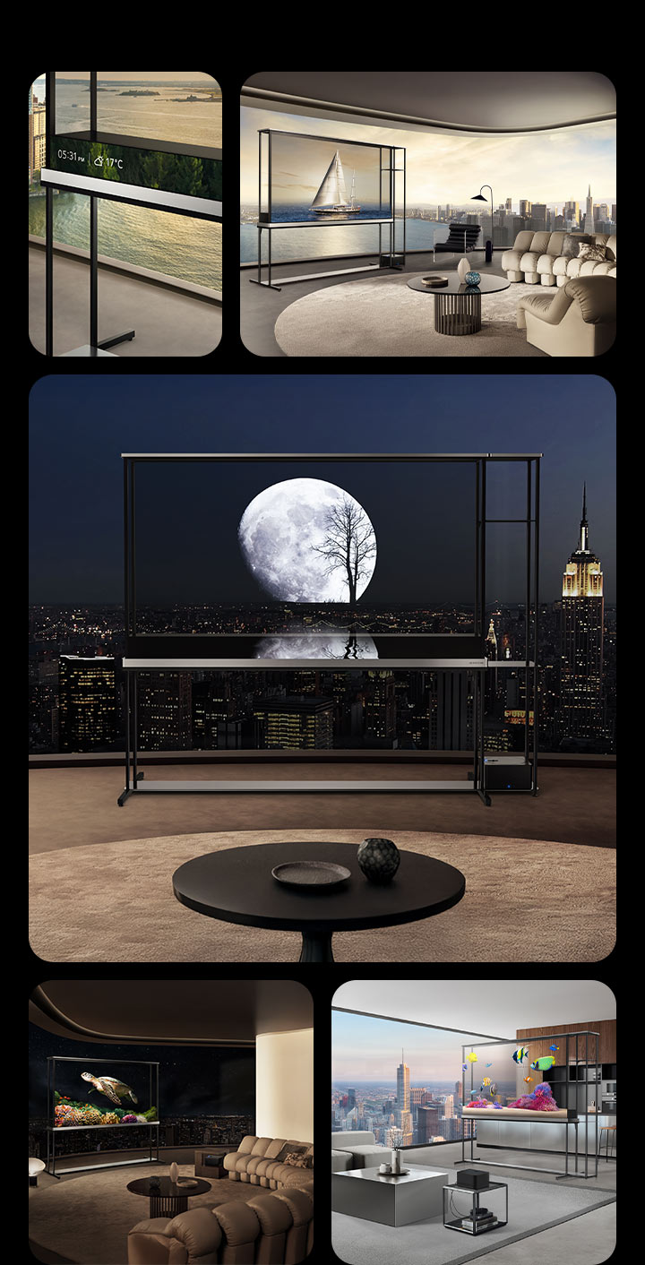 Verschiedene R?ume mit einem LG Signature OLED T TV. In jedem dieser Videos ist der Fernseher im transparenten Modus und zeigt, wie die Bilder der T-Contents mit der Realit?t verschmelzen. In einer der Szenen ist auch die Informationsleiste sichtbar, die Datum, Uhrzeit und Temperatur anzeigt.